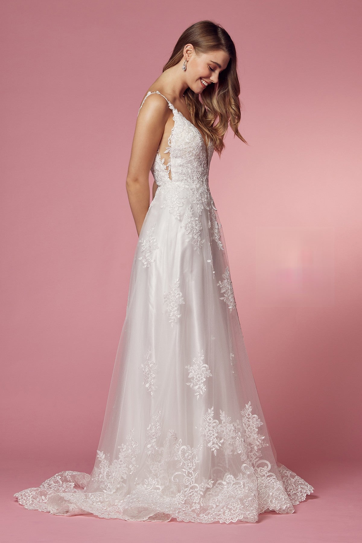 A-Line Classic V-Neck Side Cutouts Laced Straps Long Wedding Dress NXC461-0